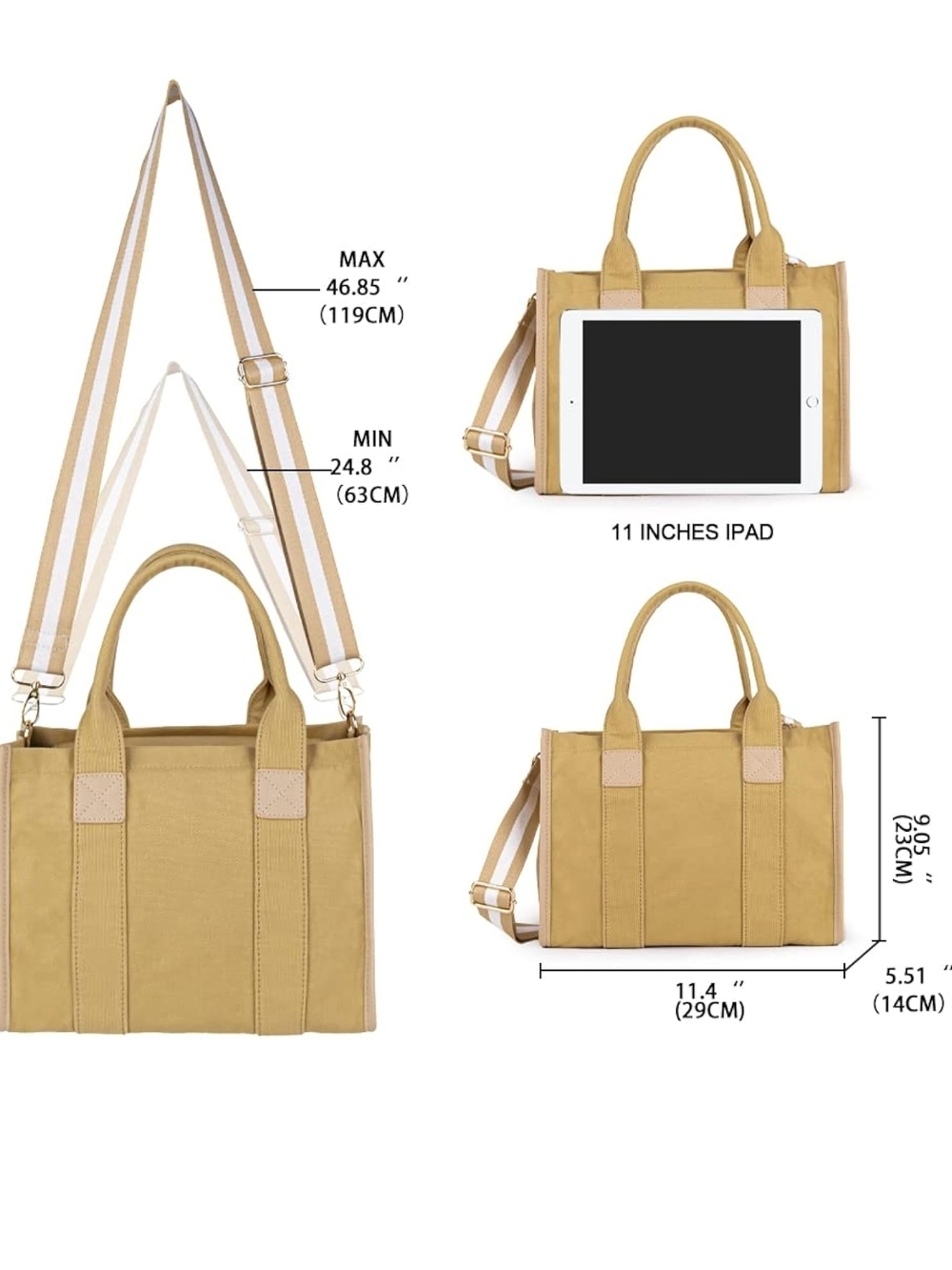 Mustard Yellow Canvas Tote Bag with Removable Strap - Picture 8 of 9